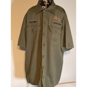 Hard Rock Hotel Orlando Mens Military Shirt Olive Green Rock & Roll Patches L